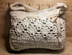 Hand Crocheted Shoulder Purse Market Tote~Adjustible Ribbon Closure~Boho Macrame - Picture 1 of 6