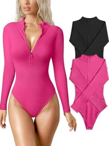 OQQ Women's 2 Piece Bodysuits Sexy Ribbed One-Piece Zip Front Long Sleeve - M - Picture 1 of 10