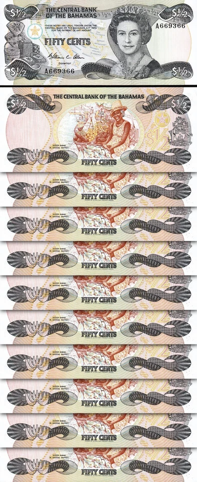 Bahamas 50 Cents, 1/2 Dollar 1974 (1984), aUnc / Unc, 10 Pcs LOT, P-42, QUE II - Image 1 of 4