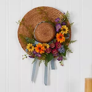 18” Luxury Mixed Flower Hat Wreath Home Wall Decor. Retail $83 - Picture 1 of 2