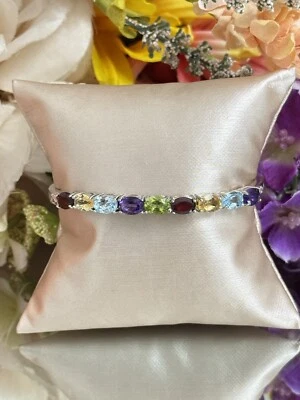 "Brazalete de tenis multicolor de plata de ley de 7"" con múltiples piedras preciosas" Foto 1 de 4