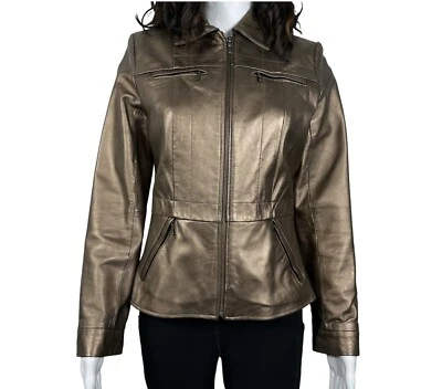 Женская кожаная мотокуртка Alfani размер Small коричневая бронзовая с металлической подкладкой карманы - Изображение 1 из 4