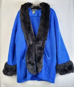 Vintage I.B. Diffusion Wool Acrylic Mohair Trim Coat Jacket Blue Black Sz Large - Picture 1 of 13
