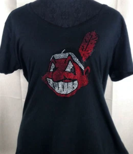 Women's Chief Wahoo Indians Rhinestone baseball V-neck T-Shirt Tee Bling Lady - Picture 1 of 1
