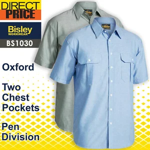 Bisley Workwear Mens Short Sleeve Work Oxford Shirt BS1030 Big Sizes Two Pockets - Picture 1 of 9