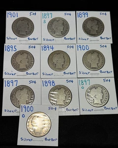 Lot of 10 - Mixed Dates Barber Silver Half Dollar 50C Coins - Picture 1 of 2
