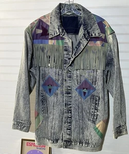 Vintage Sportdeco Western Denim Jacket Floral Fringe Acid Wash Women’s Size L - Picture 1 of 9