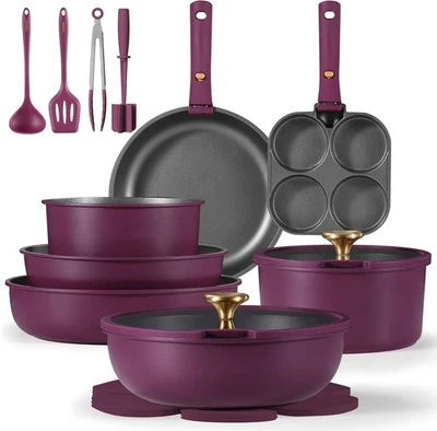 15pcs Pots and Pans Set Non Stick with Detachable Handles, Purple Nonstick