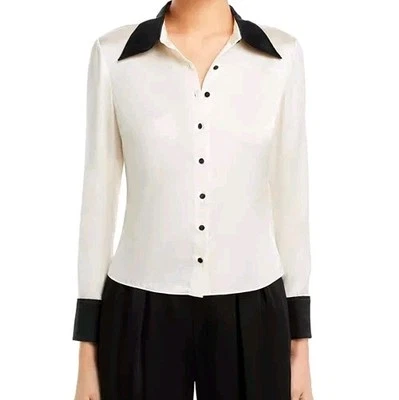 Alice + Olivia Women's Willa Contrast Trim Stretch Silk Ivory Shirt Size XS - Image 1 of 4