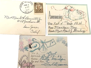 Lote de tarjetas de felicitación de anuncio de nacimiento de bebé de 1930 cigüeña vintage (2) con matasellos - Imagen 1 de 3