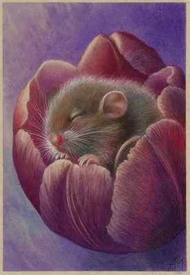 pintura original 20,5x29,5 cm 99MdA obra acuarela, ratón lápiz en tulipán Foto 1 de 3