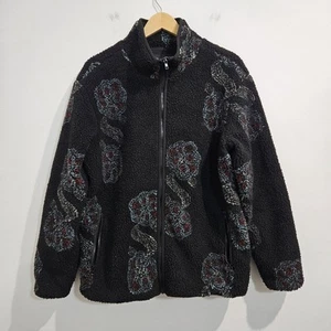 Stussy Boa Floral Black Sherpa Fleece Jacket Mens Size Medium Full Zip Polyester - Picture 1 of 15