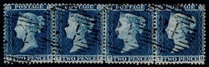 1855 2d Blue SG 34 Pl 5 TE-TH Beautiful Strip of 4 Inland 34 VFU Cat. £280.00 - Picture 1 of 1