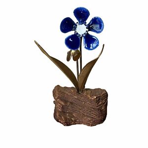 Vintage Enamel Violet Flower On Driftwood Art Sculpture 4”