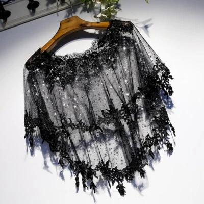 Ladies Glitter Lace Mesh Cape Shawl Flower Sheer Cloak Evening Elegant Cocktail - Image 1 of 4