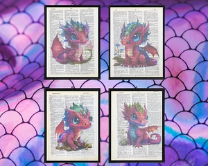 Baby Dragon Dictionary Prints Mythical Baby Dragon Art Prints Home Decor Art - Bild 1 von 5