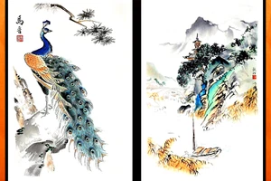 2 VTG CHINESE LITHO PRINTS SIGNED Peacock on a Rock, Pagoda on a Hill - on Paper - Picture 1 of 13