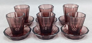 Set of 6 Czech Bohemian Art Deco Amethyst Cut Glass Shot Glasses & Under Trays - Picture 1 of 10