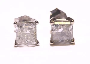 14k White Gold 1.9ct Princess Cut I3 L Natural Diamond Stud Earrings 1.4g Estate - Picture 1 of 7