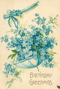 Cartolina Auguri Compleanno Ombrello Blu Margherita Bouquet Goffrato Diviso - Foto 1 di 2
