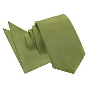 Olive Green Plain Shantung Mens Wedding Slim Tie And Pocket Square Set by DQT - Picture 1 of 3