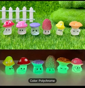 6pcs Glow-in-the-Dark Fairy Garden Mushroom Statues - Resin DIY Enchanted Forest - Picture 1 of 8