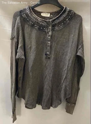 We The Free Womens Black Brown Long Sleeve Henley Neck Blouse Top Size Large - Image 1 of 4