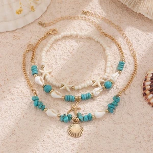 18K Gold plated 3 layers turquoise starfish scallop shell necklace chain ☀ - Picture 1 of 1