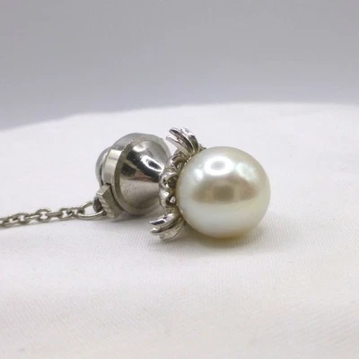 Vintage Men's Accessory - Faux Pearl Tie Tack, Silver Tone with Safety Chain - Image 1 of 4