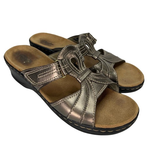 Sandali Clarks Bendables peltro metallizzato cinturino pelle zeppa taglia 10