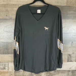 Victoria’s Secret Pink Women’s Size Small T Shirt Black Long Sleeve Gold Sequin - Picture 1 of 5