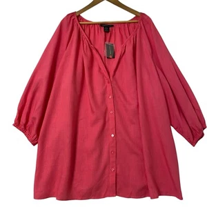 Top Blouse Tunic 3X Pink Button Up Puff Sleeves Pink Linen Relaxed Barbiecore - Picture 1 of 5