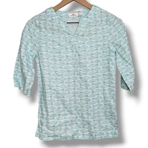Vineyard Vines 100% Linen Teal Fish Print Girls Dress Size Small 6-7 3/4 Sleeve - Picture 1 of 4