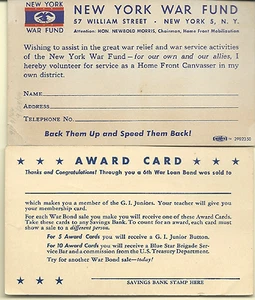 Tarjeta del fondo de guerra de Nueva York 1944 y tarjeta de premio del fondo de guerra de Estados Unidos en perfecto estado envío gratuito a Estados Unidos - Imagen 1 de 2