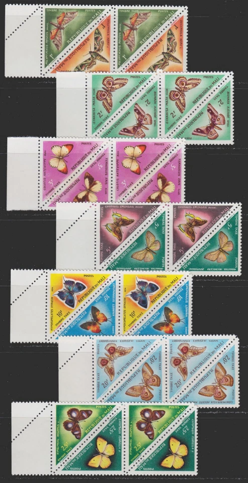 1964 Mail BUTTERFLIES TRIANGULAR Set of 14, PAIRS BORDER PLATE MNH SCT.J7-J20 - Image 1 of 1