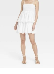 Women's A New Day White Mini Tiered Bubble Dress Spaghetti Straps Smocked Bodice - Picture 1 of 4