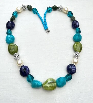  Halskette, Collier, Perlenkette, Modekette, grün türkis lila, Kette, Perlen - Bild 1 von 2