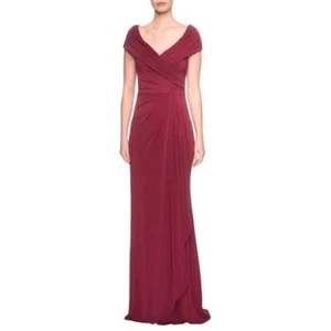 59. NWOT La Femme 26519 Wine Red Ruched Jersey Column Formal Gown Size 12 - Picture 1 of 9