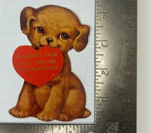 Edwardian Victorian Valentine Die Cut Brown Puppy Holds Heart Short Tale - Picture 1 of 2
