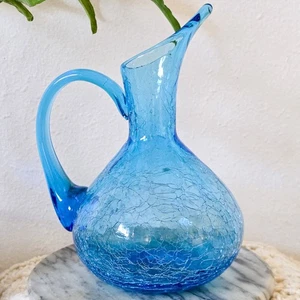 Brilliant Ice Blue Crackle Glass Ewer Pitcher – Vintage Rainbow Glass Co. - Picture 1 of 7