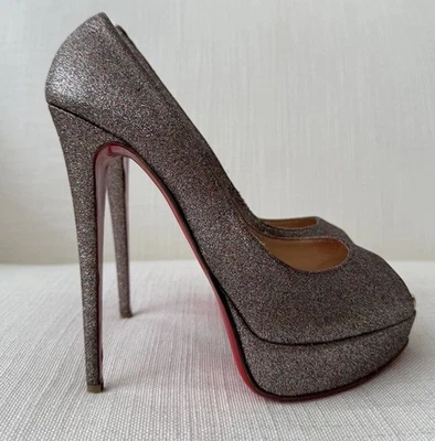 Christian Louboutin Lady Peep 150 Glitter Platform Heels Peep Toe Size 40.5 USED - Image 1 of 4