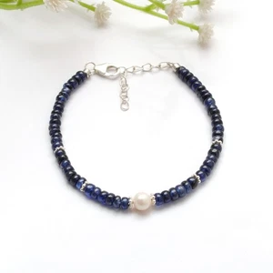 Blue Sapphire Rondelle Sapphire Beaded Silver Bracelet 8 inch - Picture 1 of 7