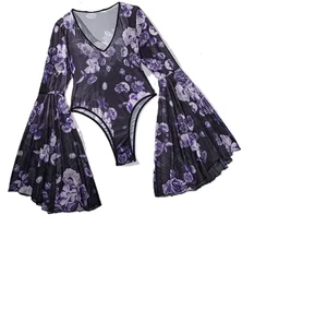 NEW Dolls Kill Bell Sleeve Bodysuit Size L Gothic Blouse Purple Black Outfit - Picture 1 of 9