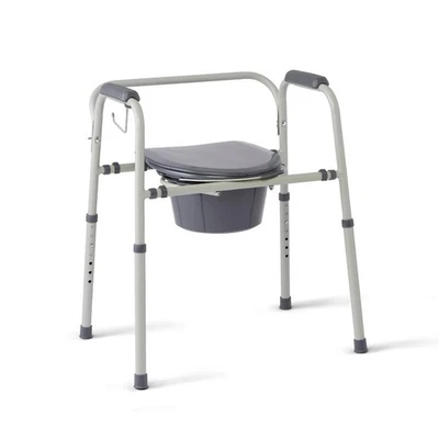 Medline 3-in-1 Steel Bedside Commode w/ Microban, 350lb, Gray, Portable - Image 1 of 2