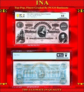 $100 1864 Confederate T-65 PF-1 CR-490 Obsolete Note Civil-War PCGS 64 Finest - Picture 1 of 4