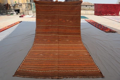 Alfombra Kilim Afgana Vintage 4x8 - Marrón Tribal Rayas Tejido Plano - Corredor Hecho a Mano. Foto 1 de 4