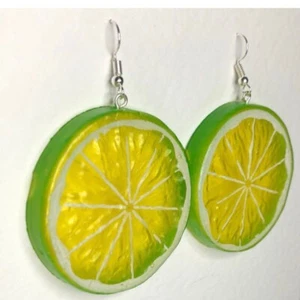 Extra Large Green Lime Slice Fruit Earrings Kitsch A222 Yellow  Oversized Silve - Picture 1 of 4