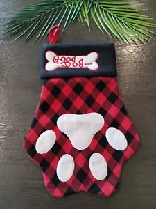 15" Pet Dog Paw Print Christmas Holiday Stocking, "Good Dog" Buffalo Plaid - Picture 1 of 11