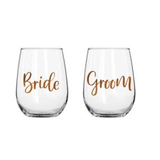 270068 BRIDE AND GROOM SET OF 2 600ML STEMLESS WINE GLASS WITH GOLD LETTERING