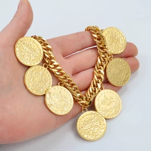 24k Gold Plated Turkish Dubai African Arab Chunky Coin Bracelet Indian Jewelry - Picture 1 of 4